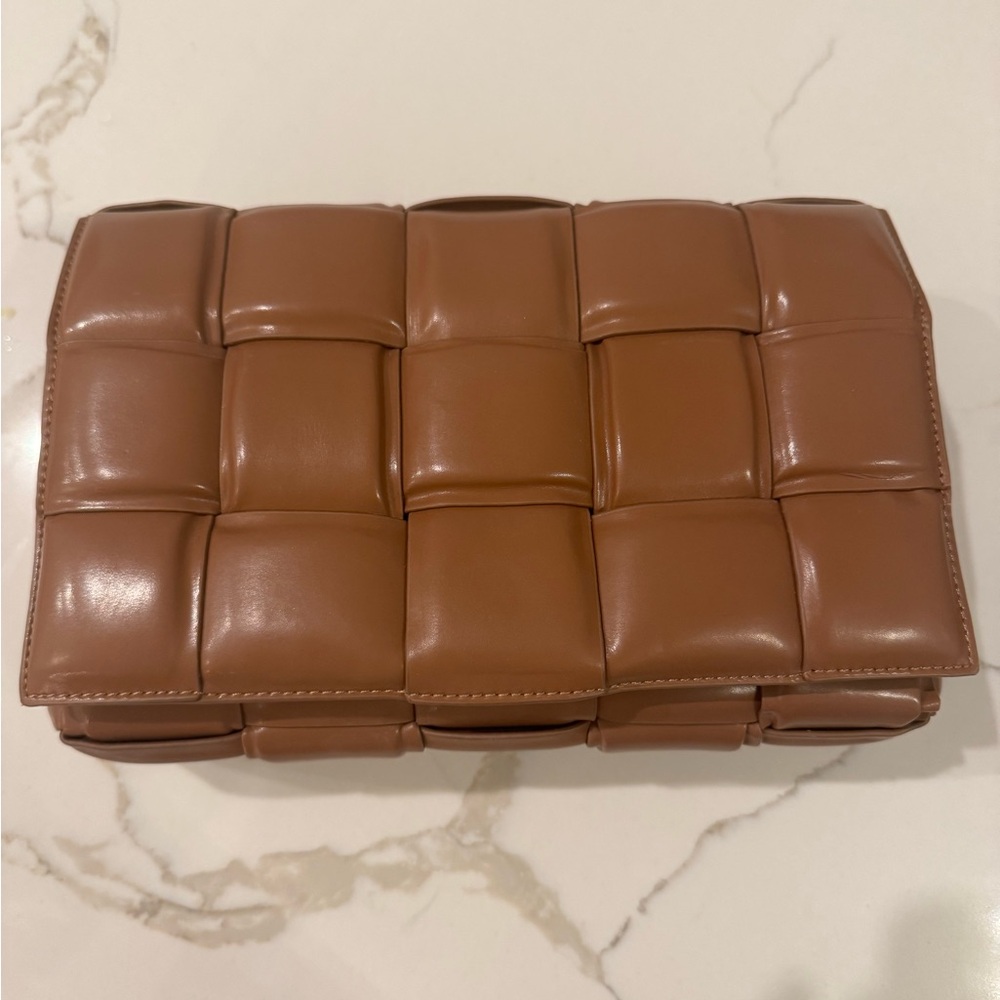 Bottega Veneta inspired padded cassette cross-body bag -genuine leather caramel